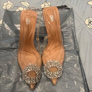 Zara Women's Tan and Clear Crystal Heels